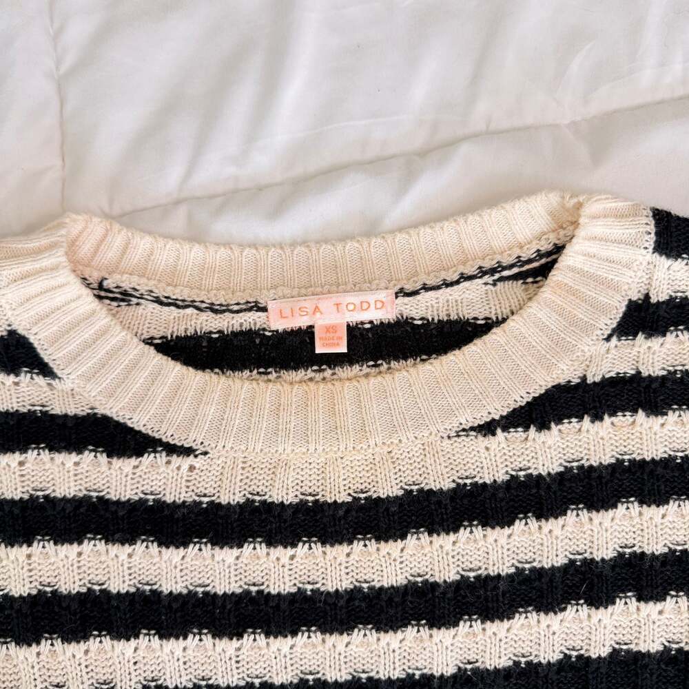 Lisa Todd Black and White Striped Pullover Sweater with Pink Heart Elbow Patches - Picture 16 of 16